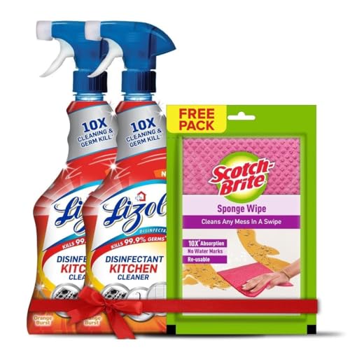 Lizol 450ml (Pack of 2) + Free Scotch Brite-Sponge Wipe, Kitchen Cleaner Spray | Suitable for all Kitchen Surfaces, Gas Stove, Countertop, Tiles, Chimney and Sink | Kills 99.9% germs