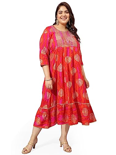 MIRCHI FASHION Women's Anarkali Cotton Sequins Embroidery Work Foil Printed Plus Size Kurti Only