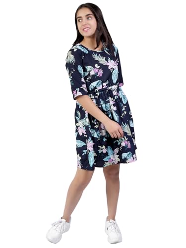 Naughty Ninos Girls Navy Blue Floral Printed Fit & Flared Dress for 3 to 15 Years