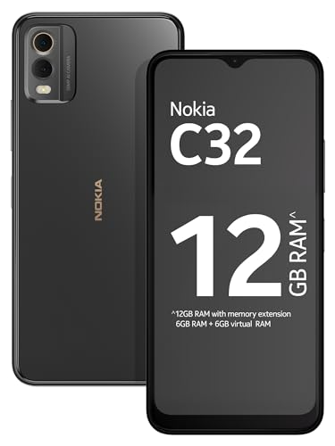 Nokia C32 with 50MP Dual Rear AI Camera | 3-Day Battery Life | Toughened Glass Back | 12GB RAM with Memory Extension (6GB RAM + 6GB Virtual RAM) | Android 13 | Charcoal