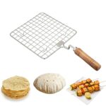 PANCA Papad Jali Roast, Paneer Grill, Roti Maker, Barbeque Jali Roaster Chapati Toast Grill Wooden Handle Vegetable tandoor net, Baigan Bharta (Square)