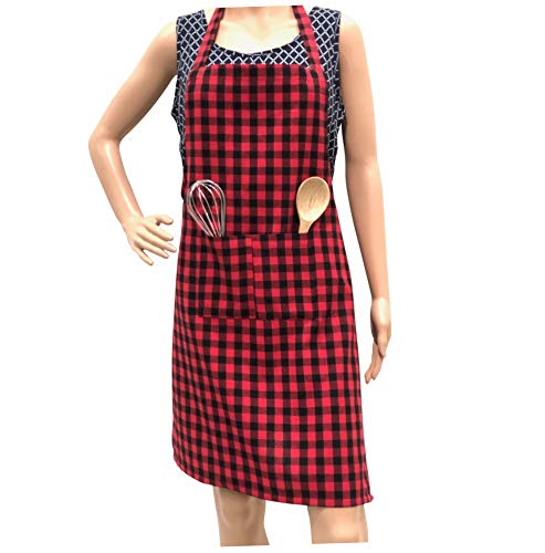 PIXEL HOME Cotton Apron 100% Cotton Check Kitchen Apron with Front Center Pocket Best Design Apron