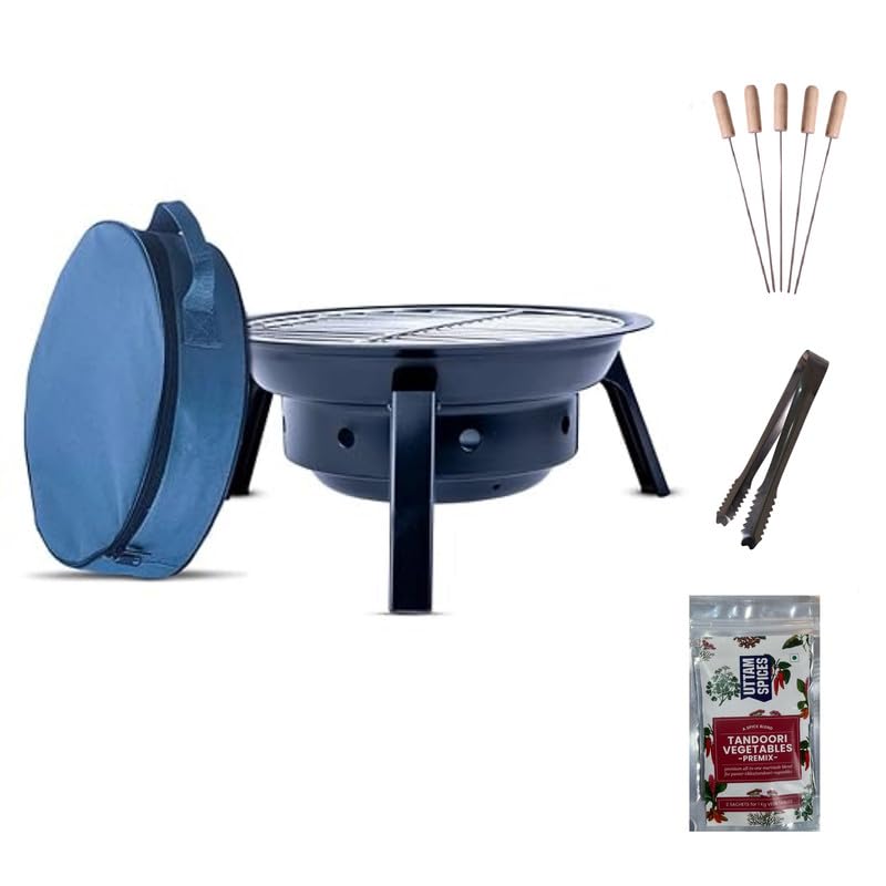 Peng Essentials FoldGrill Foldable Barbeque grill set for home | Easy Assemble, Heat Resistant, Anti Rust |Charcoal Griller BBQ With 5 Wooden Skewers, 1 Tong 2 Pack Spices Mix & barbeque Carry Bag