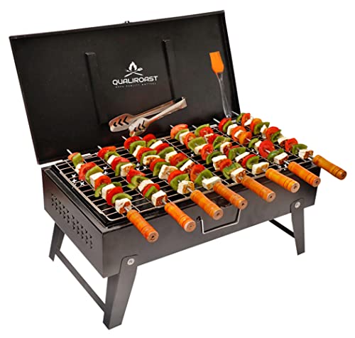 Qualiroast Barbeque Grill Set for Home Chicken Griller Barbeque Grill Breifcase,Portable Tandoori Grill for Home,Outdoor|Charcoal | Accessories 8 skewers,1 Grill,1 Tong,1 Brush (LARGE) |Free Standing