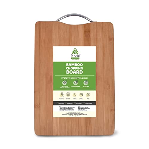 Rusabl Bamboo Wooden Chopping Board for Kitchen with Metal Handle, Vegetable Cutting Board for Kitchen Items, BPA Free, Eco-Friendly, Anti-Microbial (30 X 20 cms, Small)