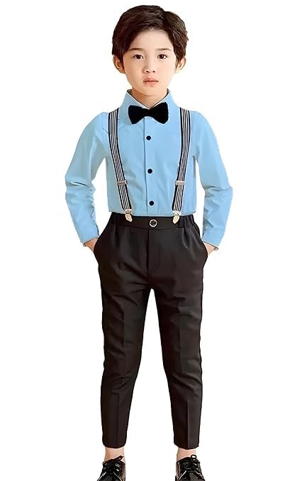 SAGAR IMPEX Boys Cotton Lycra Solid Full Sleeves Shirt and Pant Set with Suspender and Bow Tie | Clothing Set for Boys