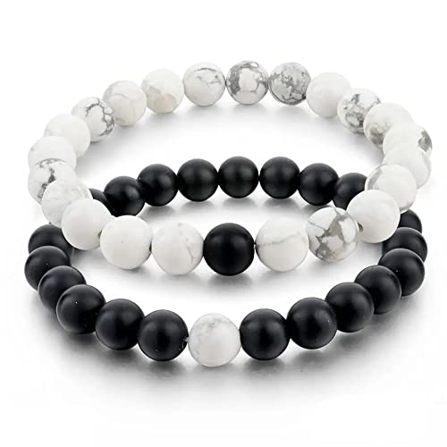 Shining Diva Fashion Distance Couple Natural Stones Reiki Yoga Healing Onyx and Howlite Unisex Bracelet for Men and Women (cmb283_9376b_9386b)