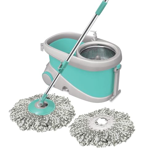 Spotzero by Milton Prime Spin Mop with Big Wheels and Stainless Steel Wringer, Bucket Floor Cleaning and Mopping System, 2 Microfiber Refills, Aqua Green