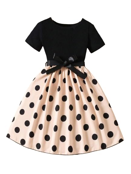 TAGAS Girls Polka Dot Print Ruffle Trim Belted Dress||Dress for Girl || Fit & Flare Dress|| Short Sleeve Dress for Kids || Casual Dress||(KD-105)