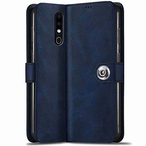 TheGiftKart Genuine Leather Finish Nokia 6.1 Plus Flip Back Cover Case | Inbuilt Pockets & Stand | Wallet Style | Designer Button Magnet Flip Cover Back Case for Nokia 6.1 Plus (Blue)