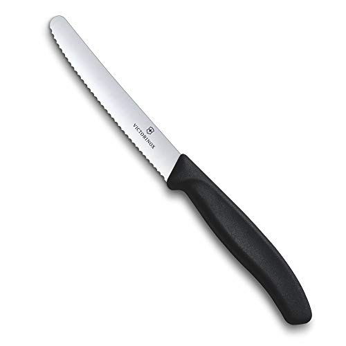 Victorinox Stainless Steel Kitchen Knife, "Swiss Classic" 11 cm Multipurpose, Round Tip Wavy Edge Knife for Professional and Household Kitchen, Black, Swiss Made