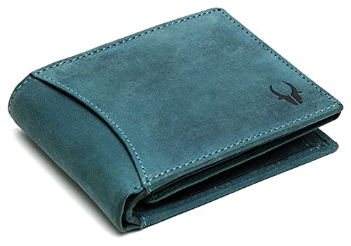 WildHorn Blue Leather Wallet for Men I 9 Card Slots I 2 Currency & 2 Secret Compartments I 1 Zipper & 3 ID Card Slots