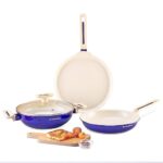 Wonderchef Bellagio Ceramic Non-Stick 4 pc Cookware Set, Kadhai with Lid, Fry Pan & Dosa Tawa, Electric Blue, 2 Year Warranty by Wonderchef