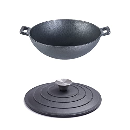 Wonderchef Forza 24 cm Cast-Iron Kadhai with lid Combo, Pre-Seasoned Cookware, Induction Friendly, 1.9L, 3.8 mm