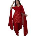 Xomantic Fashion Red Color Readymade punjabi Style Festival Wear Kurta patiala Set with Dupatta