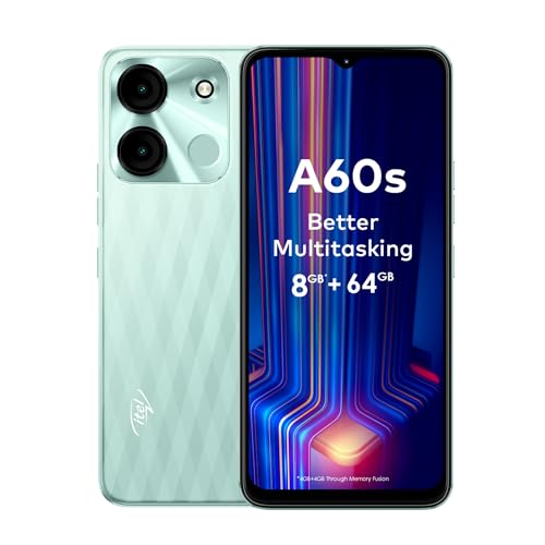 itel A60s (4GB RAM + 64GB ROM, Up to 8GB RAM with Memory Fusion | 8MP AI Rear Camera | 5000mAh Battery with 10W Charging | Faceunlock & Fingerprint -Glacier Green