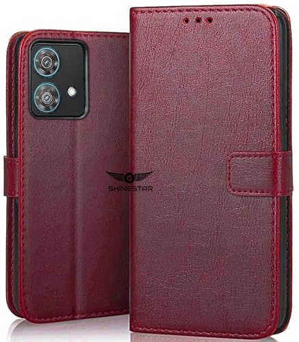 SHINESTAR Motorola Edge 40 Neo Flip Back Cover | PU Leather Flip Cover Wallet Case with TPU Silicone Case Back Cover for Motorola Edge 40 Neo - Blood Red