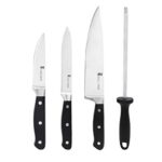 Amazon Brand - Solimo Premium High-Carbon Stainless Steel Kitchen Knife Set, 4-Pieces (with Sharpener), Silver