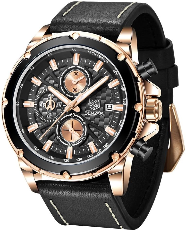 BENYAR Wrist Watches for Men Leather Strap Analog Chronograph Fashion Business Sport Design Mens Watch 30M Waterproof Stylish Elegant Gifts for Men