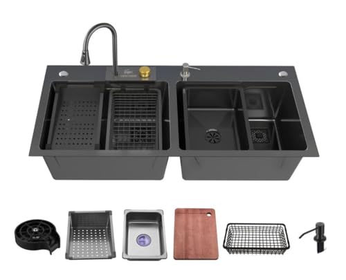 CROCODILE Kitchen Sink with ANTI SCRATCH HONEYCOMB DESIGN Integrated Waterfall and Pull-down Faucet Set/304 Grade Stainless Steel Sink with Cup washer and Drain Baskets (47x18x10 inch, Nano Coating)