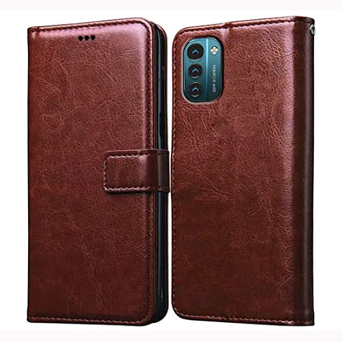 Casotec Flip Cover for Nokia G21 4G | Premium Leather Finish | Inbuilt Pockets & Stand | Flip Case for Nokia G21 4G (Brown)