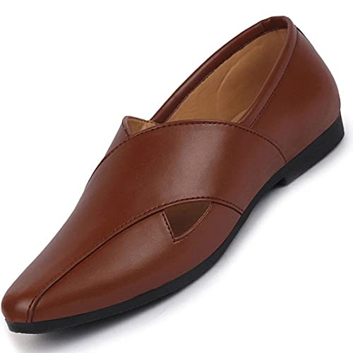 FAUSTO Men's Ethnic Criss Cross Slip On Juttis and Mojaris for Wedding|Party|Occasions|Fashion|Stylish|Outdoor|Indoor|Lightweight|Shoes with Anti Skid Sole (6-12 UK)