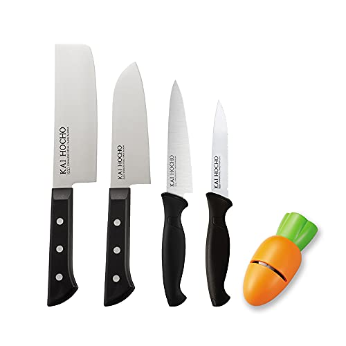 Kai Premium Kitchen Knife Set of 4, Stainless Steel Nakiri Knife, Santoku Knife, Utility Knife & Serrated Knife and Free Ceramic Knife Sharpener,