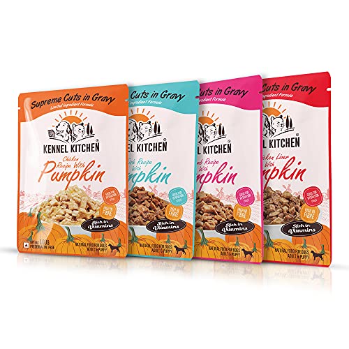 Kennel Kitchen Supreme Cuts in Gravy, Variety Pack, 100g (Pack of 12) | Chicken, Chicken Liver, Lamb and Fish with Pumpkin Recipe | Wet Dog Food Gravy for Adult & Puppy | Limited Ingredient Chunks