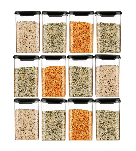 Kitchenwell Airtight Plastic Square Container Set for Kitchen Storage - 1100ml Containers | Unbreakable & Air-Tight Design | Container & Containers Set (Black, Set of 6)