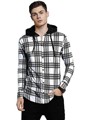 LEWEL Men's Hooded Buttoned Down Checked T-Shirt (Olive Green)