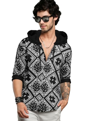 LEWEL Men's Stylish Hooded Neck Printed Full Sleeve T-Shirt (Black)