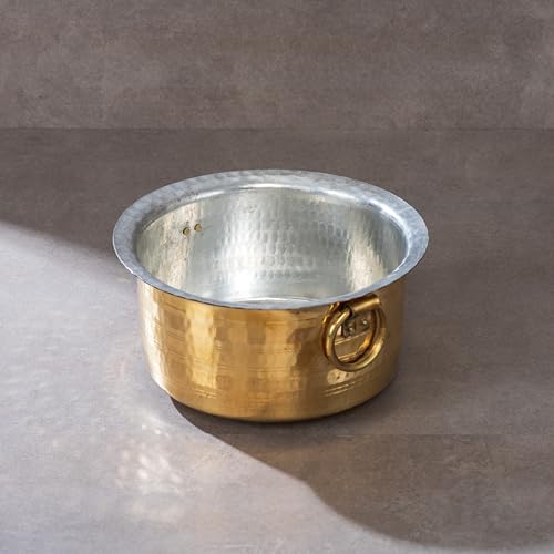 P-TAL Brass Patila For Cooking (3 Litres) | 100% Pure Brass Round Heavy Bottom | Hammered, Polished Tapeli/Patila/Bhagona | Golden Brass Handi