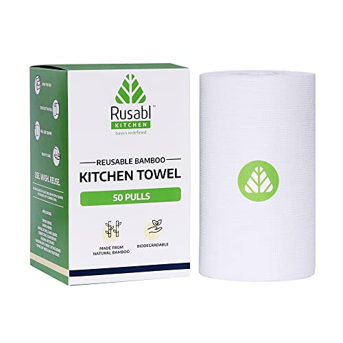 RUSABL Bamboo Kitchen Towel (50 Sheets) for Cleaning, Reusable Upto 2500 times, Reusable Cleaning Bamboo Cloth, No Tree Paper Towels, Eco-friendly and Biodegradable, Multipurpose Cleaning Wipes