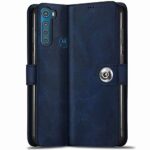 TheGiftKart Flip Cover Back Case for Motorola Moto One Fusion Plus | Genuine Leather Finish | Designer Button | Inbuilt Pockets & Stand | Flip Cover Back Case for Motorola One Fusion Plus (Blue)