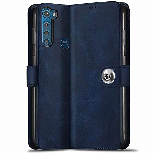 TheGiftKart Flip Cover Back Case for Motorola Moto One Fusion Plus | Genuine Leather Finish | Designer Button | Inbuilt Pockets & Stand | Flip Cover Back Case for Motorola One Fusion Plus (Blue)
