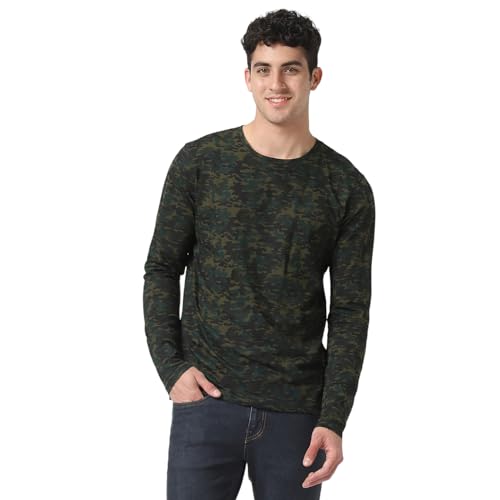 Urbano Fashion Men's Olive Green, Khaki Military Camouflage Printed Slim Fit Full Sleeve Cotton T-Shirt