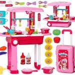 Zest 4 Toyz Acrylonitrile Butadiene Styrene Kitchen Set For Kids Girls Big Cooking Set Light And Sound Portable Trolley Pretend Play Toys Battery Operated (Pink-C)