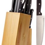 amazon basics Stainless Steel Knife Set with High-carbon Blades and Pine Wood Block, 14 Pieces