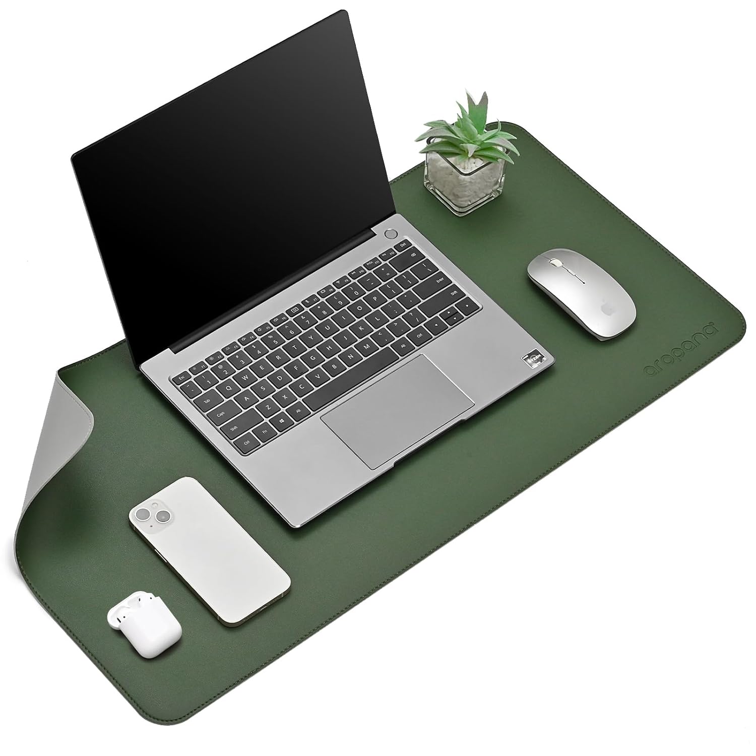 Aropana Vegan Leather Desk Mat, Mouse Pad Large, Computer Table Mat, Reversible Extended Laptop Pad for Desk, Dual Side Waterproof Edge-Stitched (27.6" x 13.8" inch, Deep Green/Grey)…