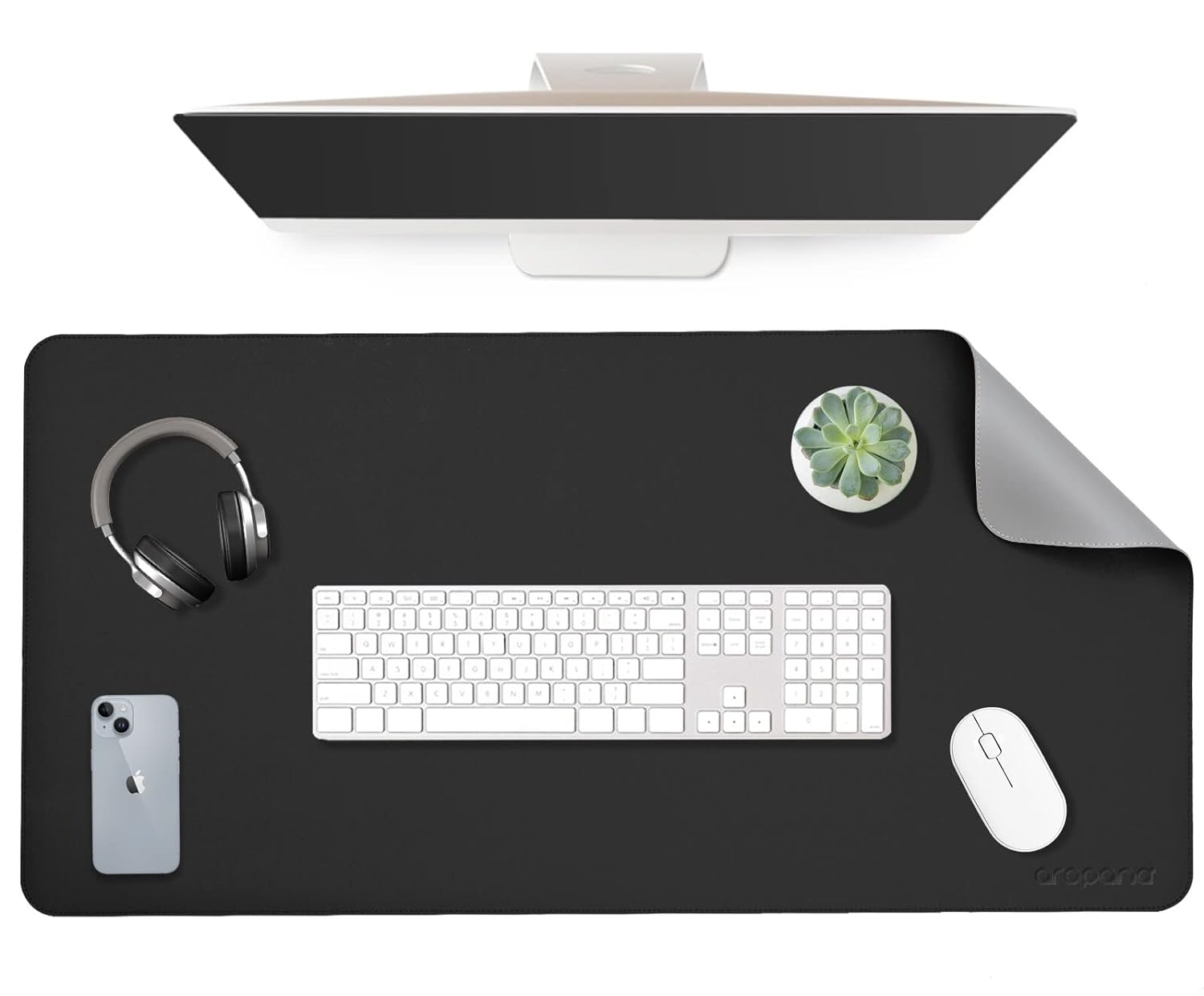 Aropana Vegan Leather Desk Mat, Mouse Pad Large, Computer Table Mat, Reversible Extended Laptop Pad for Desk, Dual Side Waterproof Edge-Stitched (31.5"x 15.7"inch, Black/Grey)