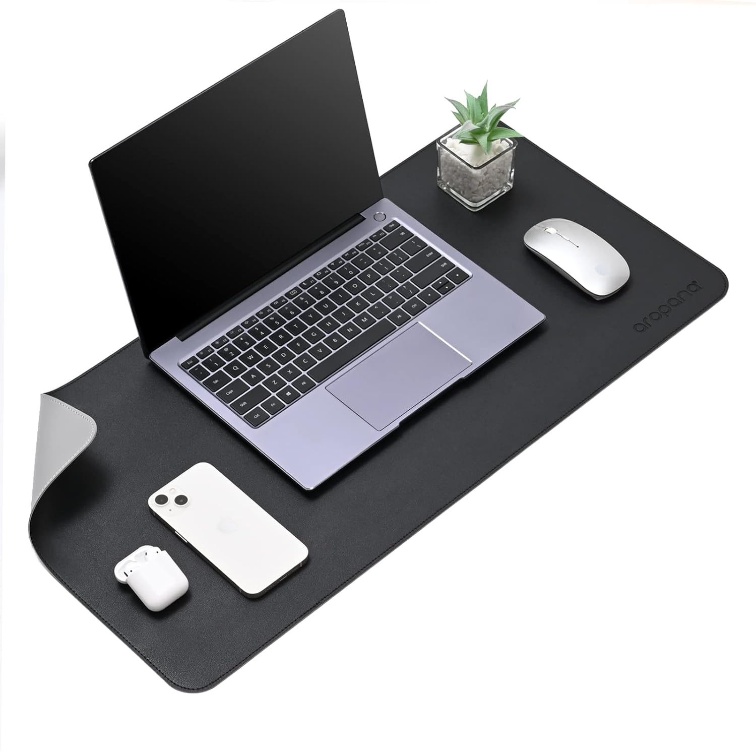 Aropana Vegan Leather Desk Mat, Mouse Pad Large, Computer Table Mat, Reversible Extended Laptop Pad for Desk, Dual Side Waterproof Edge-Stitched (36"x17"inch, Black/Grey)