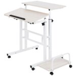 Livzing Height Adjustable Computer Table with Locking Wheels-Wooden Multi-Purpose Laptop Table with Removable CPU Stand-Desktop Table for Office,Home with Angle Adjustable Keyboard Tray-White