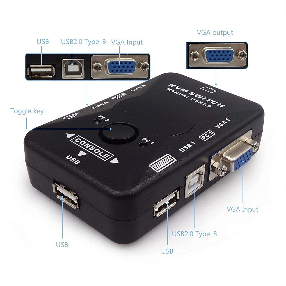2 Port KVM Switch USB 2.0 KVM Switch Box to Control up to 2 Computers 2 in 1 Out Switch USB Keyboard Mouse Sharing Device for Computer, PC, Laptop, Desktop, Monitor, Printer, Keyboard, Mouse Control Computer Sharing Video Mouse Keyboard Monitor