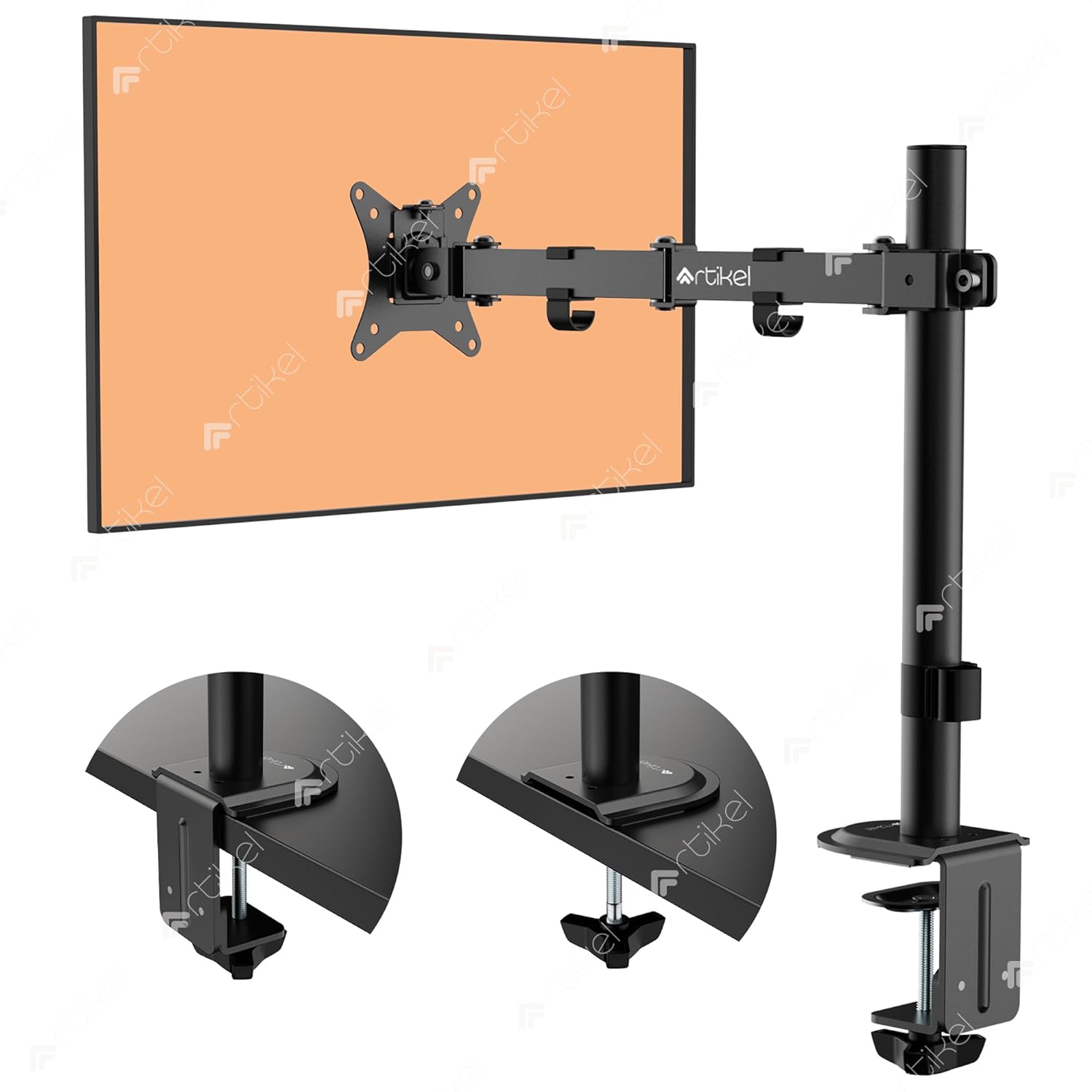 Artikel Single Monitor Desk Mount | Adjustable Heavy Duty Monitor Arm | VESA Mount with C Clamp & Grommet Mounting Base | Computer Monitor Stand for Screen up to 32 inch | Table Mounted | Black