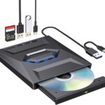 CLUSPEX External CD DVD Drive CD/DVD-ROM Burner Player with USB 3.0/2.0/ USB-C/SD Card Reader, Portable CD/DVD ROM +/-RW Optical Disc Drive for Laptop PC Mac Windows 11/10/8/7 Linux Computer