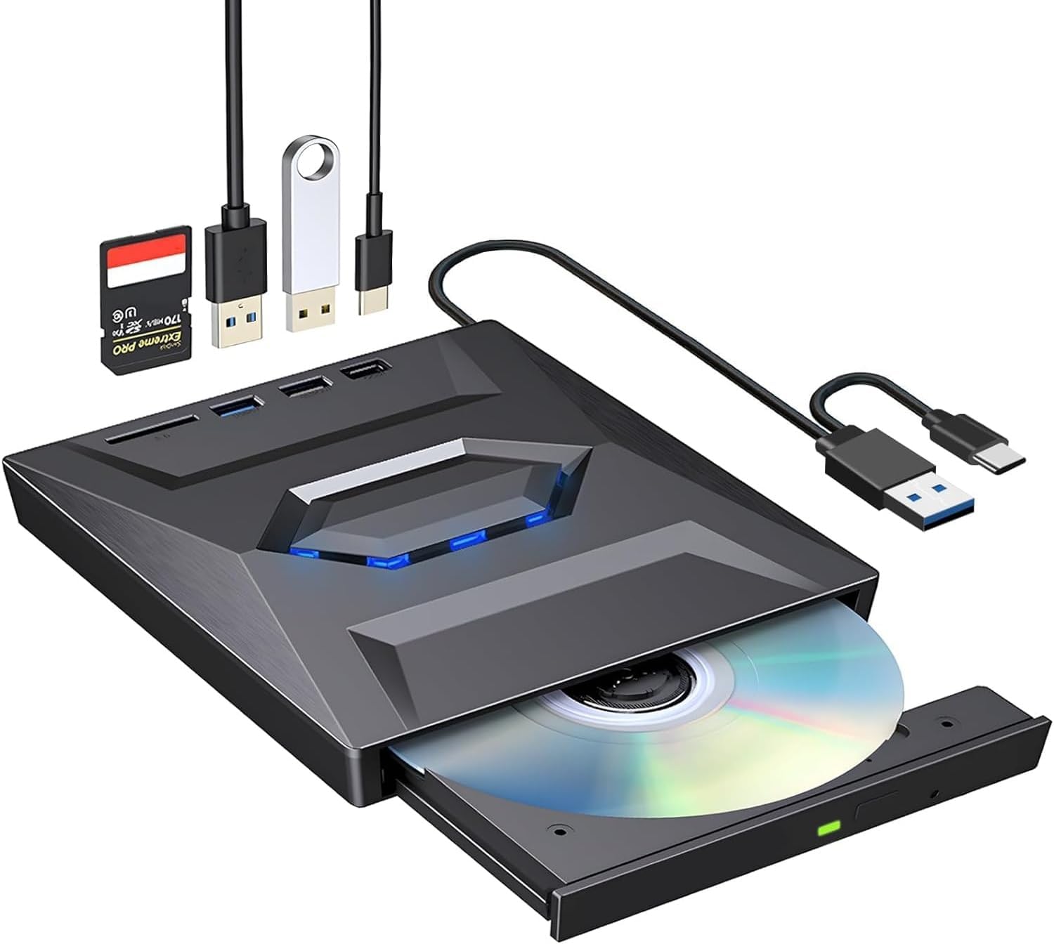 CLUSPEX External CD DVD Drive CD/DVD-ROM Burner Player with USB 3.0/2.0/ USB-C/SD Card Reader, Portable CD/DVD ROM +/-RW Optical Disc Drive for Laptop PC Mac Windows 11/10/8/7 Linux Computer