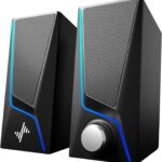 Computer Speakers, PC Speakers with 6 Lighting Modes, USB Powered Computer Speakers for Desktop Monitor with 2 Bass-Boost Ports, 2 Speaker Units, and 3.5mm Aux-in Cable for PC, Laptop, Tablet, Phone