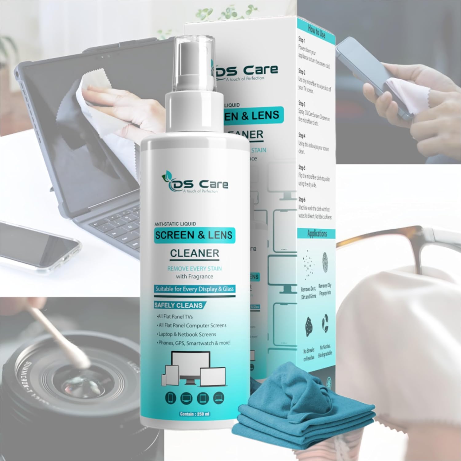 DS Care Screen & Lens Cleaner with Microfiber Cloth for Camera Lens Cleaning Kit Spray for Laptop, TV & Flat Screen, Display, Mobile Phone Screen & Computer - 250ml