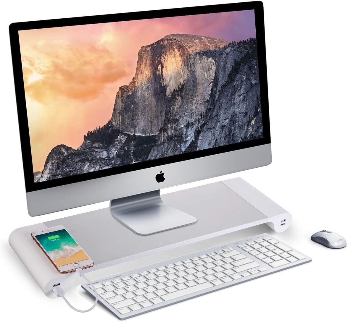 ETONWALL Computer Monitor Stand Riser with 4 USB Power Charger Ports and Headphone Microphone Ports Keyboard Storage Desk Organizer 21.7''L 6.6''W 2''H (Silver)