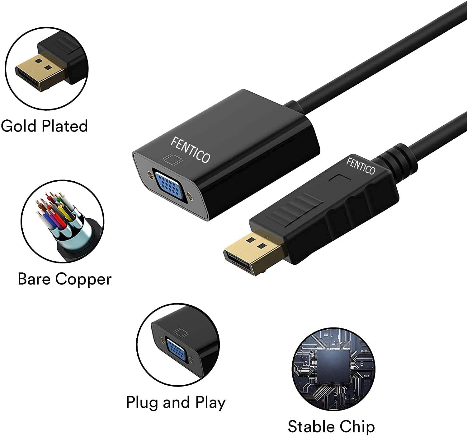 FENTICO DisplayPort (DP) to VGA Adapter, Gold-Plated Display Port to VGA Adapter (Male to Female) Compatible with Computer, Desktop, Laptop, PC, Monitor, Projector, HDTV - Black (UNI-DIRECTIONAL)